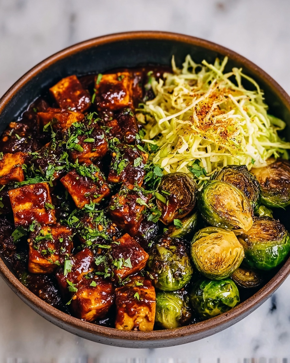 Pan-Fried Sticky Garlic Tofu with Oven-Roasted Brussels Sprouts Recipe - Recipe Image
