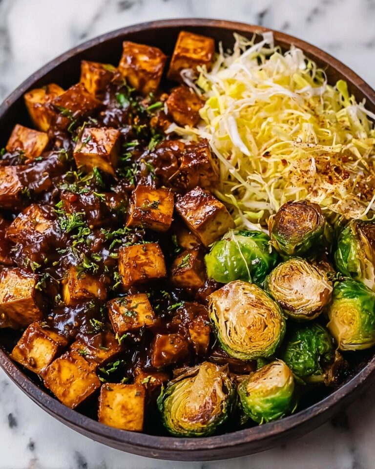 Pan-Fried Sticky Garlic Tofu with Oven-Roasted Brussels Sprouts Recipe