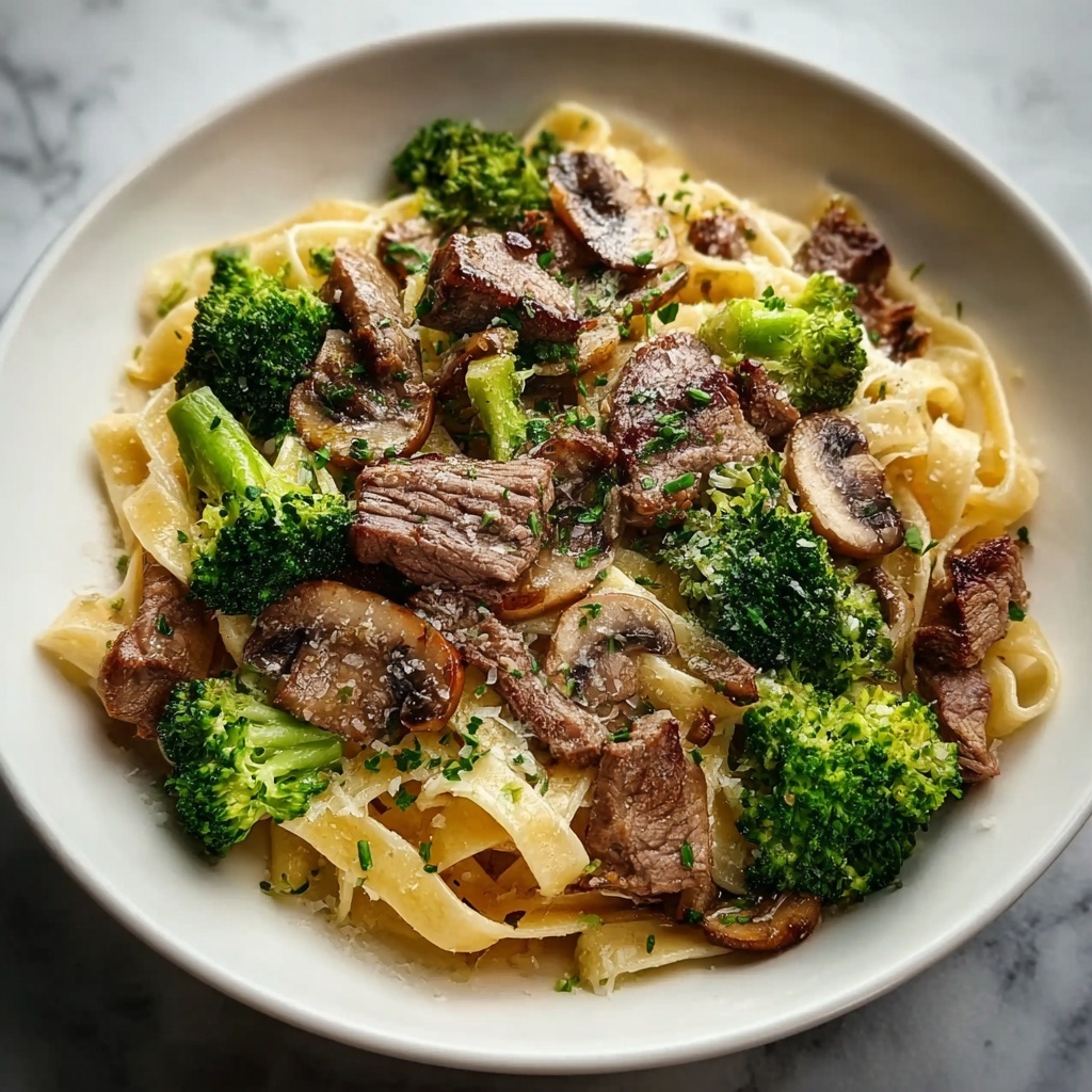 Smoky Parmesan Steak Linguine with Broccoli & Mushrooms Recipe - Recipe Image