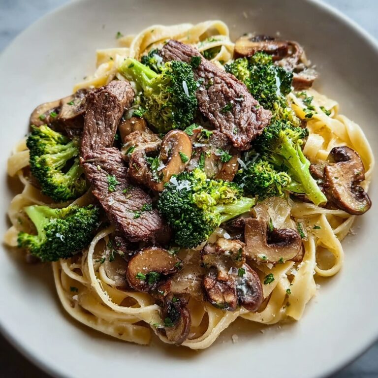 Smoky Parmesan Steak Linguine with Broccoli & Mushrooms Recipe