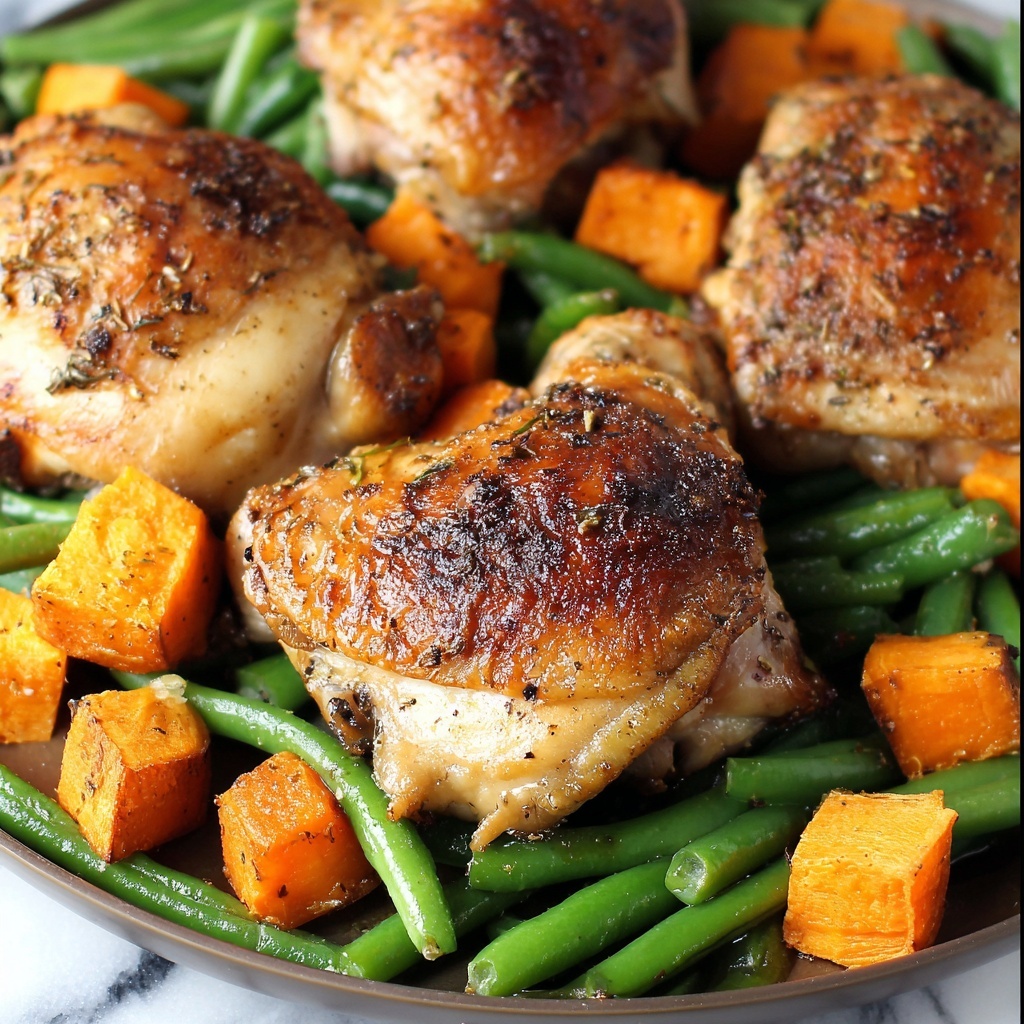 One Pan Maple Mustard Chicken with Roasted Sweet Potatoes and Green Beans Recipe - Recipe Image