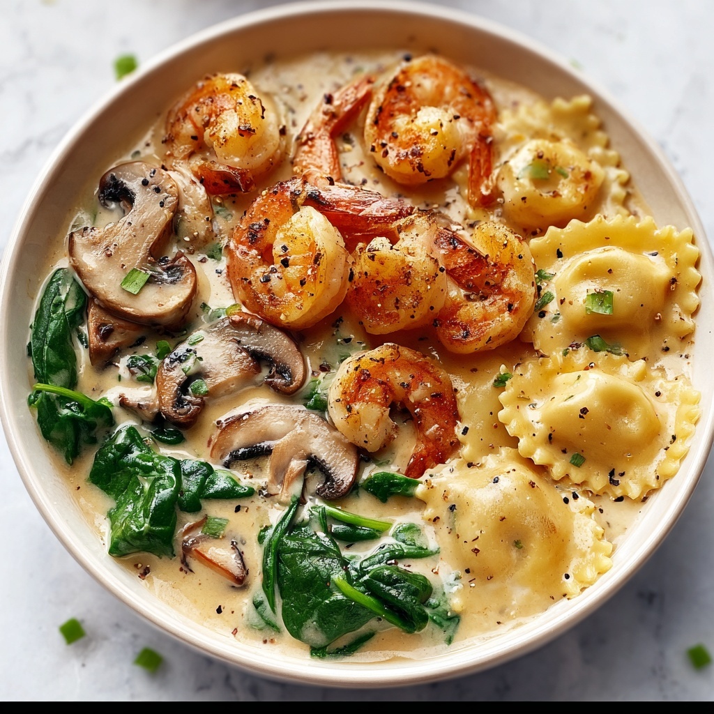 Seafood Ravioli with Spinach, Mushrooms, and Garlic Cream Sauce Recipe - Recipe Image