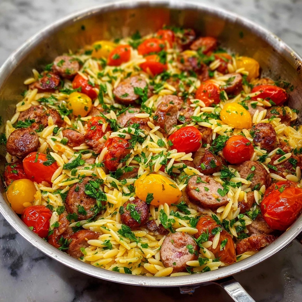 One Pot Garlic Butter Sausage and Orzo Recipe - Recipe Image
