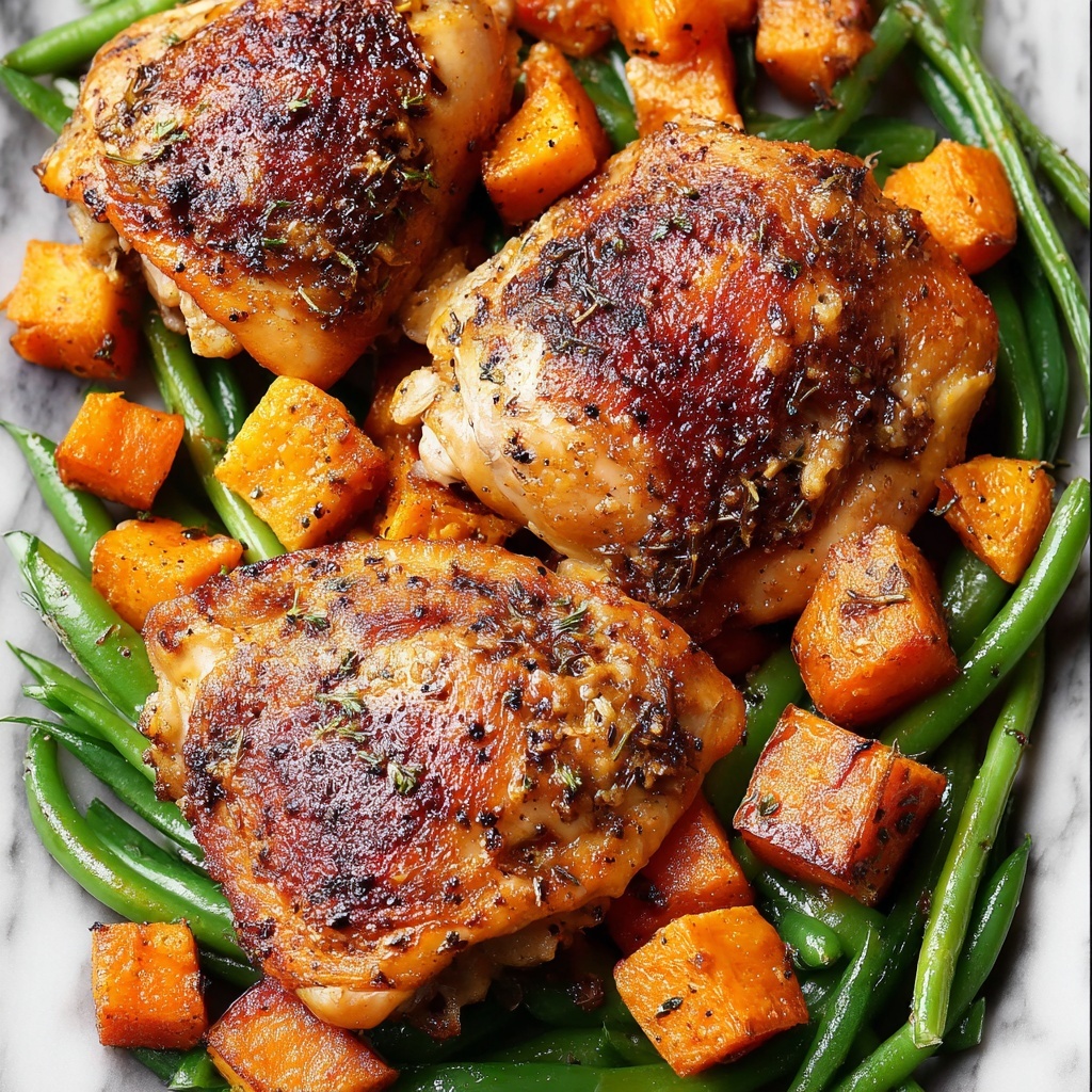 One Pan Maple Mustard Chicken with Roasted Sweet Potatoes and Green Beans Recipe - Recipe Image