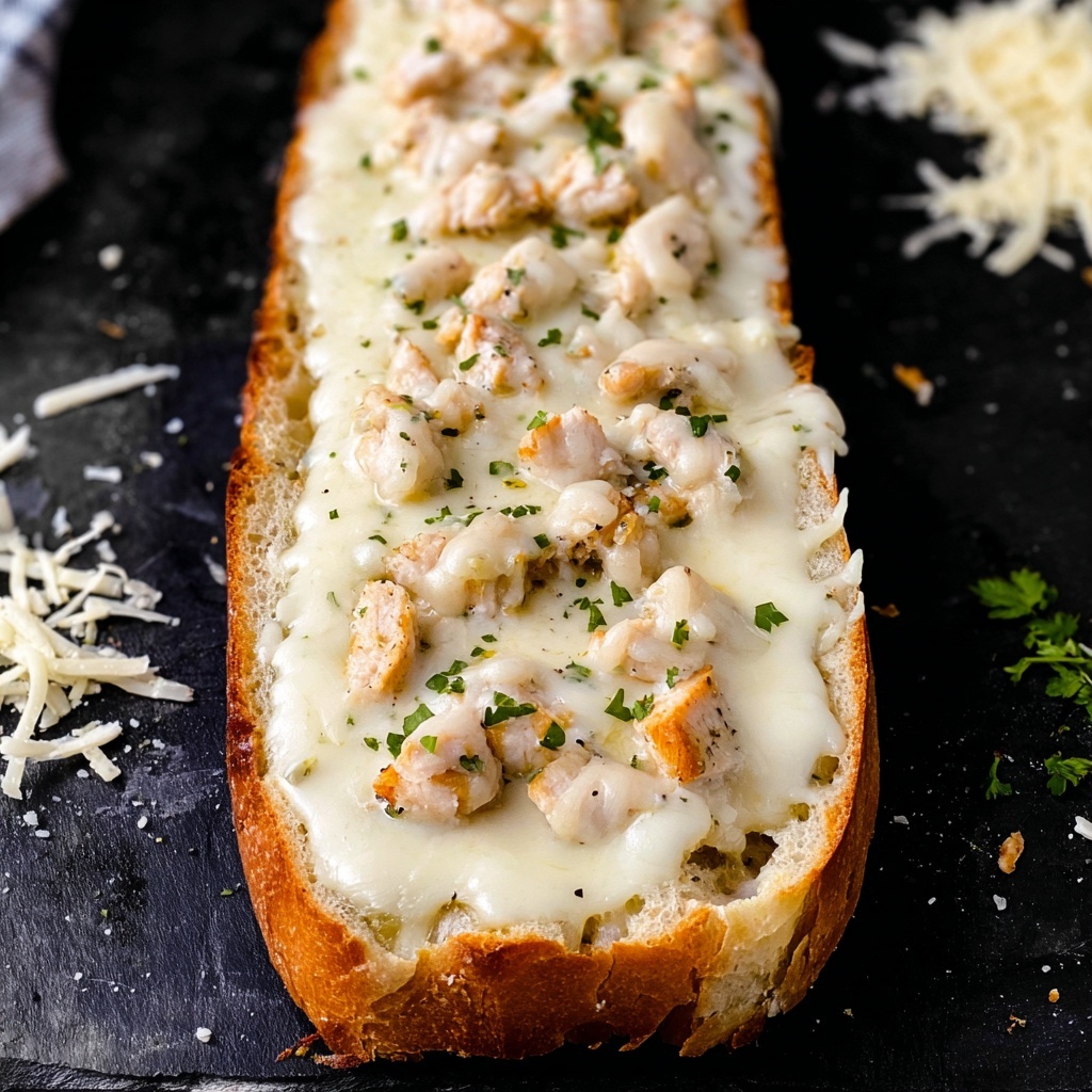 Creamy Chicken Alfredo Garlic Bread Recipe - Recipe Image