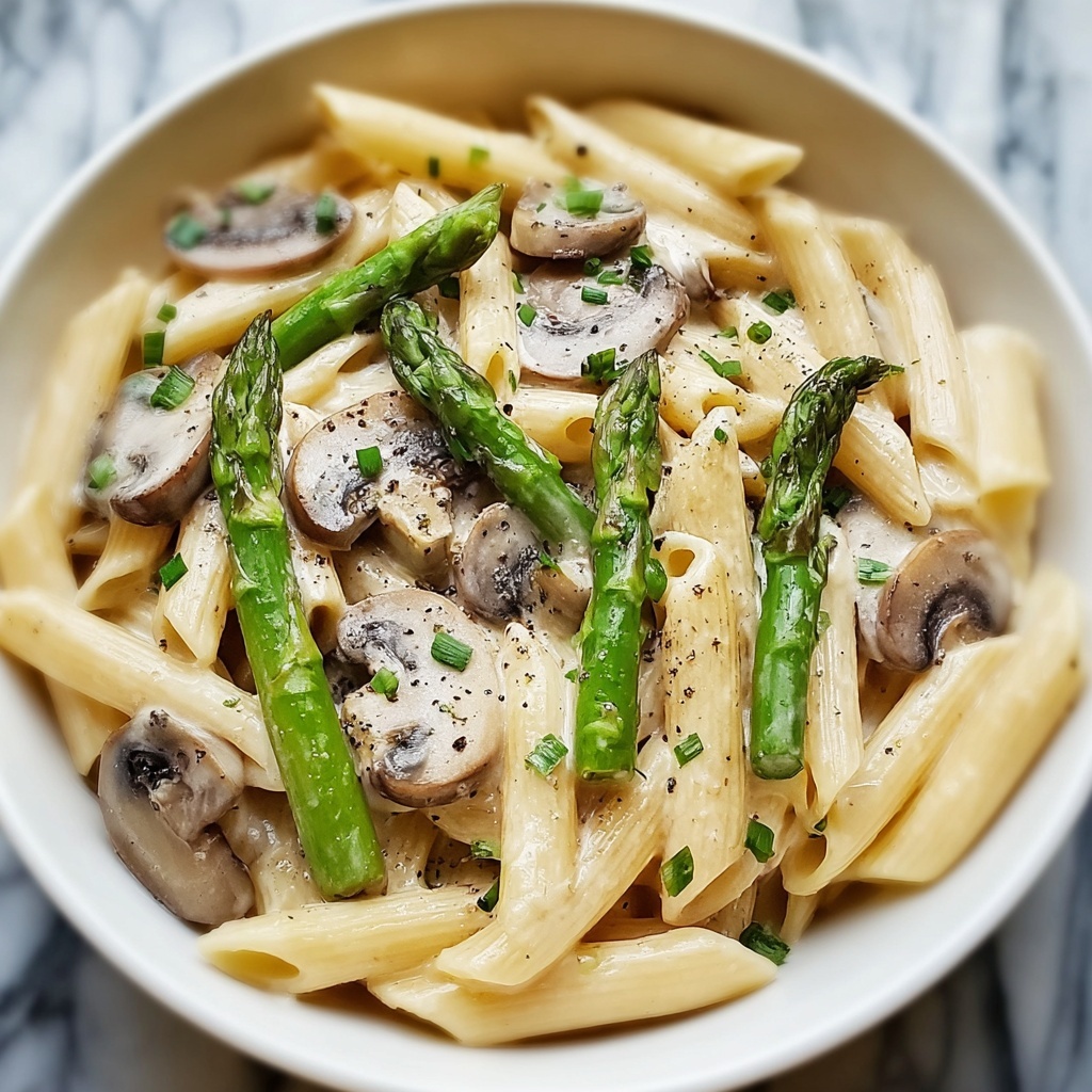 Creamy Mushroom and Asparagus Chicken Penne Recipe - Recipe Image
