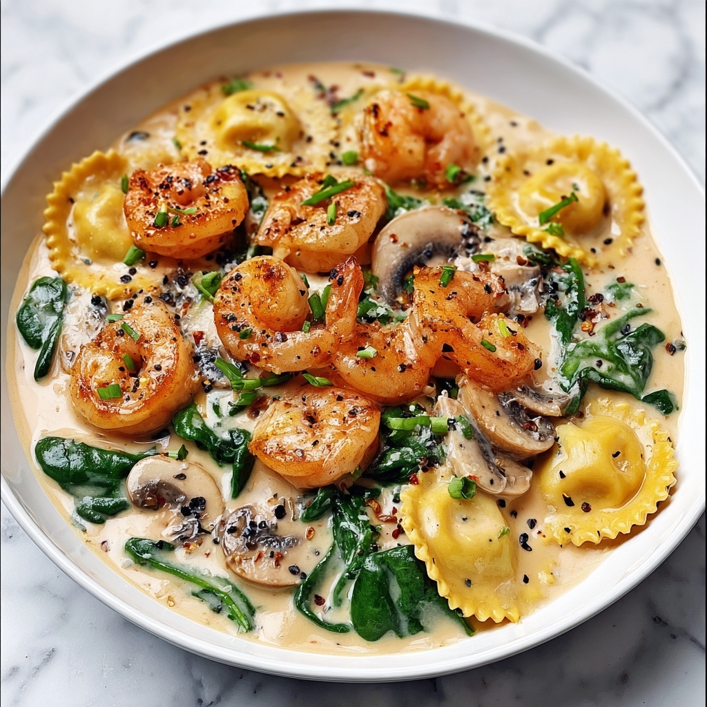 Seafood Ravioli with Spinach, Mushrooms, and Garlic Cream Sauce Recipe - Recipe Image
