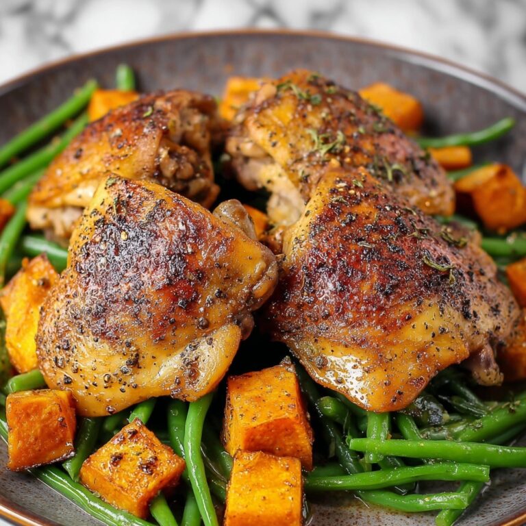 One Pan Maple Mustard Chicken with Roasted Sweet Potatoes and Green Beans Recipe