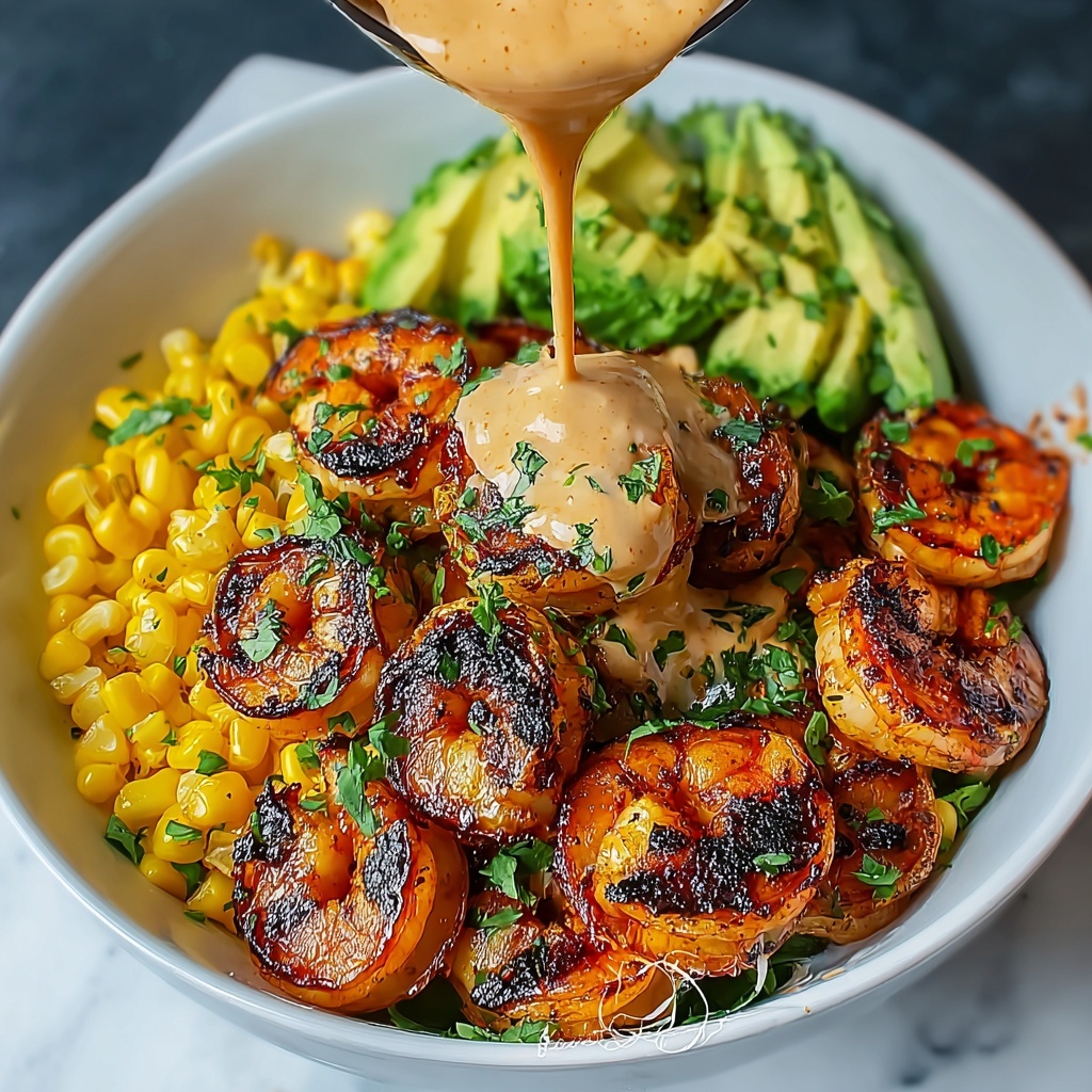 Grilled Shrimp Bowl with Avocado, Corn Salsa & Creamy Sauce Recipe - Recipe Image