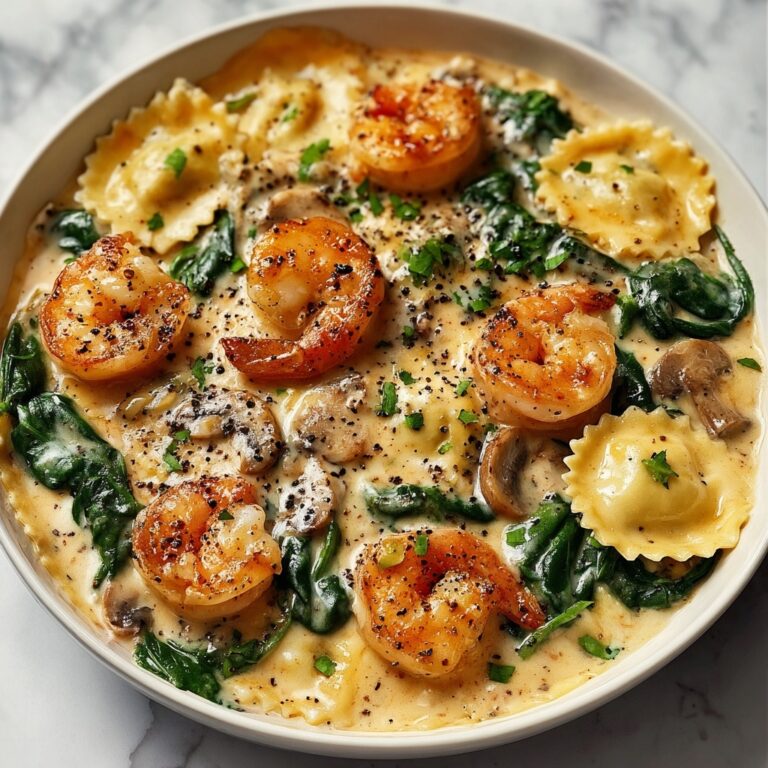 Seafood Ravioli with Spinach, Mushrooms, and Garlic Cream Sauce Recipe